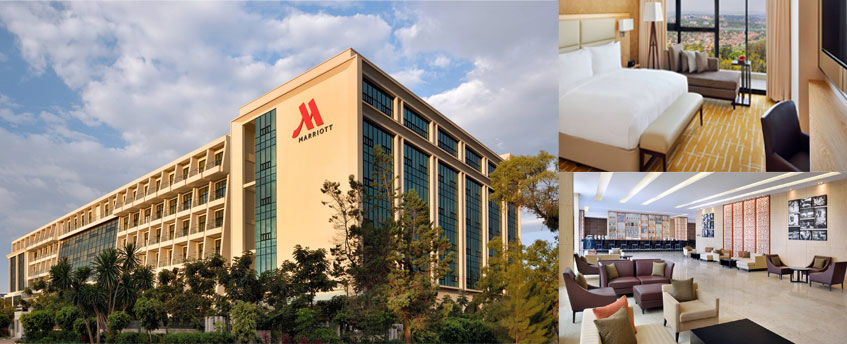 Collage with front of Kigali Marriott, king room, and lobby photos