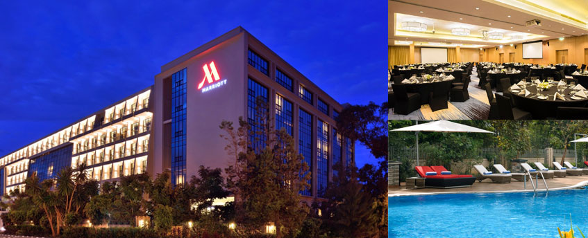Collage with front of Kigali Marriott at night, event space, and pool