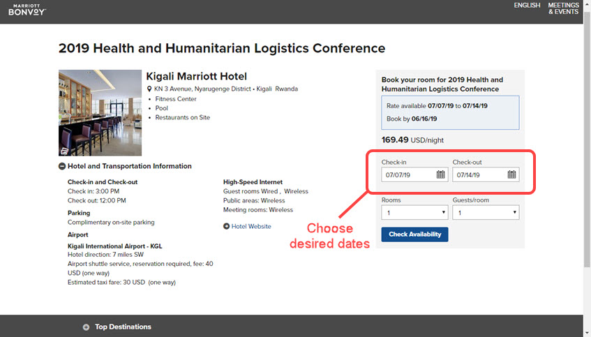 Screenshot of Kigali Marriott groups reservation request form