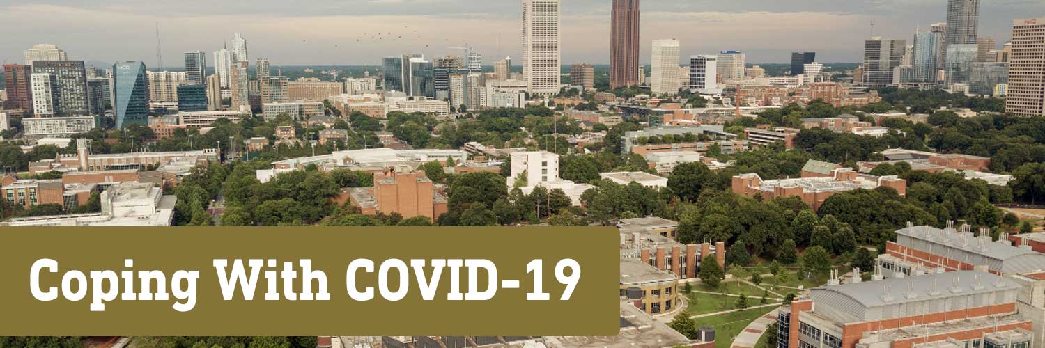 Coping with COVID-19 text overlaid on aerial photo of GT campus